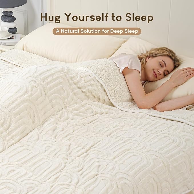 Cottonblue Weighted Blanket for Adults King Size 15lbs 80"x87" Soft Sherpa | Cozy Fleece Jacquard Weighted Blankets Throw for Sleep Calm Relax, Fuzzy Warm Arch Sofa Couch Blanket, Cream White, Washable