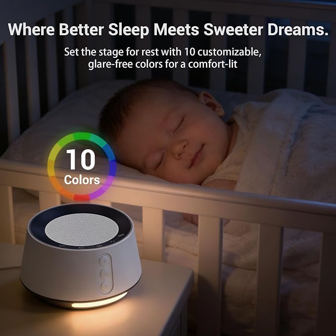 White Noise Machine with Night Light – 20 Soothing Sounds, 10 Color Lights, 5 Timer Settings & Memory Function, Portable Sleep Sound Machine for Baby Nursery, Kids & Adults, Grey