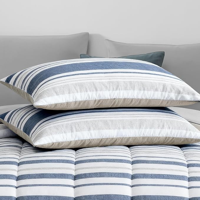 Monbix Full Size Comforter Sets - 7 Pieces Bed in a Bag Full Bedding Set | All Season Ocean Blue Striped Reversible Soft Comforter Bed Set with Sheets, Pillowcases & Shams