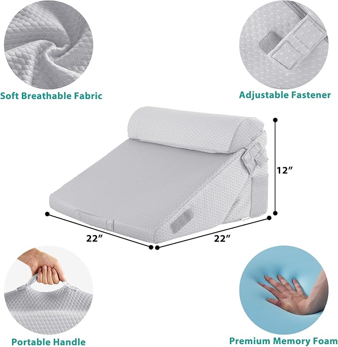 3Pcs Orthopedic Bed Wedge Pillow Set, Foam Wedge Pillow Post Surgery for Back, Leg and Knee Support, Adjustable 9&12 Inch Folding Triangle Pillow for Sleeping, Acid Reflux, Snoring, Light Grey