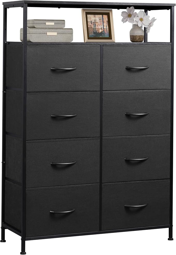 WLIVE 8 Drawer Black Fabric Dresser Open Shelves, Tall Storage Tower | Black fabric drawers plus open shelves, steel frame with wood top, great for bedroom closet entryway and dorm storage