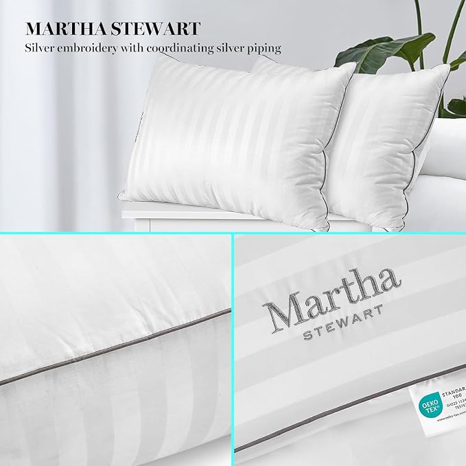 Martha Stewart Hotel Collection Pillow Queen Size Set of 2 | 500 Thread Count Damask Stripe Embroidered Feathers Soft Hypoallergenic 100% Cotton