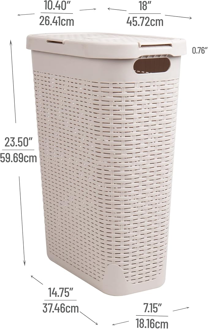 Mind Reader Slim Laundry Hamper with Lid, 40L Clothes Basket, Narrow Tapered Design with Ventilated Cutout Pattern, Plastic, Ivory
