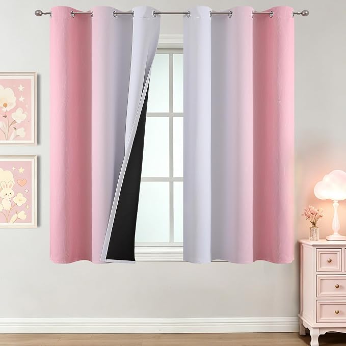 Pink and Greyish White Ombre Blackout Curtains for Bedroom 42x45 Inch Long | Estelar Textiler Kids/Girls Room Darkening Curtains,Thermal Insulated Grommet Short Window Drapes for Nursery,2 Panels