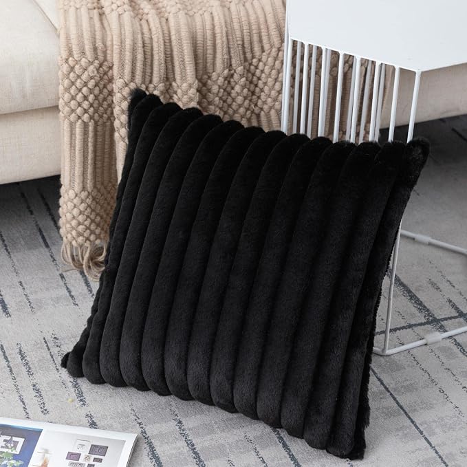 ZLINA Black Striped Faux Fur Throw Pillow Covers 26 x 26 Inch | 2‑Pack, boho striped pillow covers,velvet back,fuzzy plush cushion covers , for sofa bed livingroom home decor
