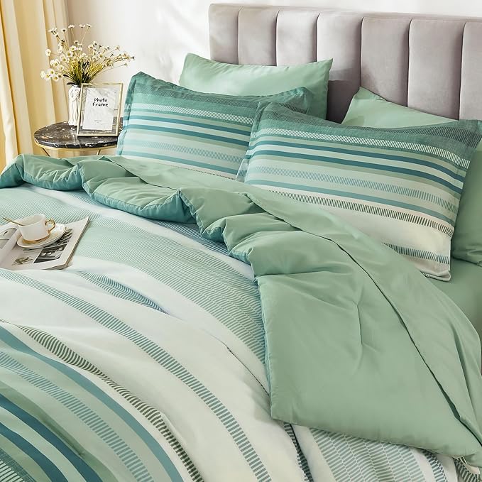 Dobuyly Comforter Set Queen Size 7 Piece, Boho Striped Sage Green Bed in a Bag Queen Soft Microfiber Bedding Sets with Comforter, Sheets, Pillowcases & Shams All Season