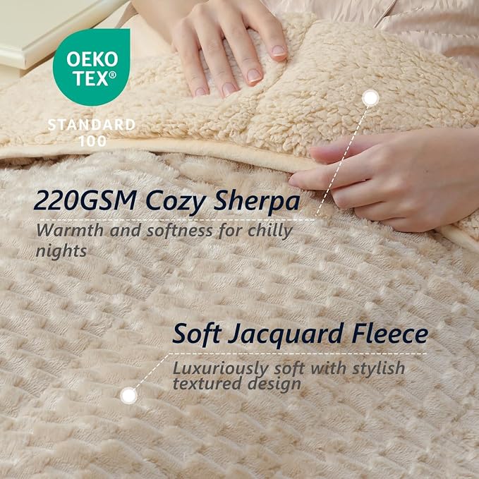 Mr. Sandman Weighted Blankets for Adults, Queen Size 60 x 80 Inches, 15lbs | Machine Washable; Soft Warm Sherpa Fleece; Jacquard Flannel Filled with Glass Beads; Heavy Throw for Sleep and Calm; Khaki