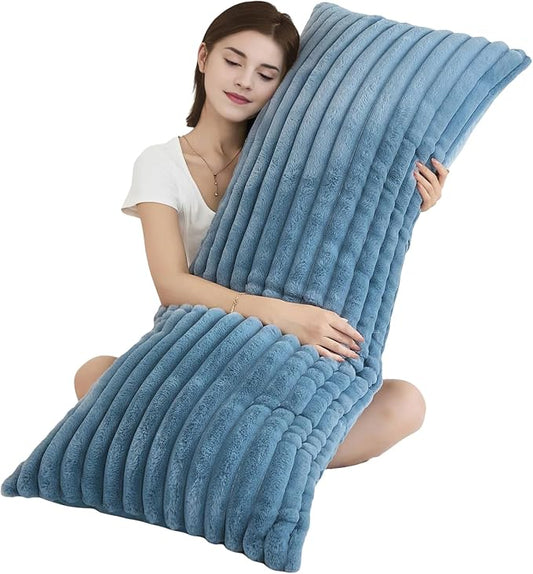 Full Body Pillow with Fluffy Stripe Faux Fur Removable Cover, Long Bed Pillow Adult 20x54 Inches for Side Sleeper and Pregnancy, Dusty Blue.