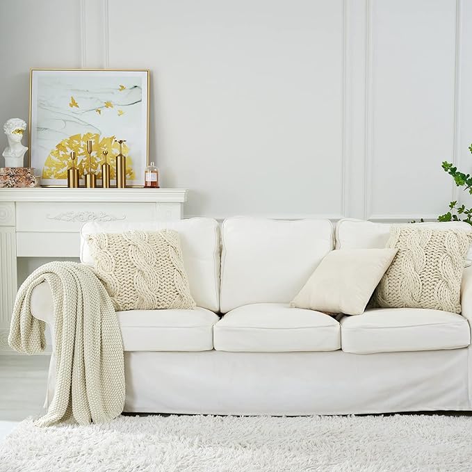 Chunky Cable Knit Throw Blanket Lightweight Cream 100% Organic Cotton Blanket for Sofa Couch Bed Baby Nursery, Rustic Shabby Chic Modern Farmhouse, 60” x 80” Give Laundering Bag
