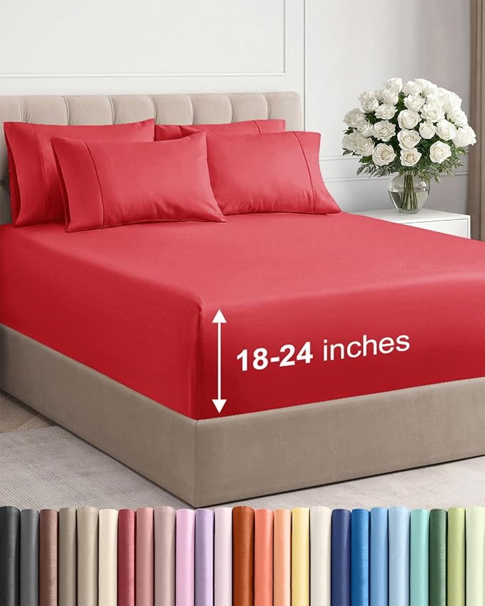 Extra Deep Queen Sheet Set - 6 Piece Breathable and Cooling Sheets - Red | Hotel Luxury Bed Sheets Set, Easy & Secure Fit, Ultra-Soft, Wrinkle & Fade Free, Comfy Sheets Set with Extra Deep Pockets