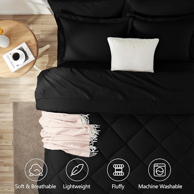 Twin Comforter Set Black - 5 Pieces Complete Bedding Set | OEKO-TEX Certified, All Season, Teen, Single, Dorm, 240GSM Down-Alternative Comforter, Sheets, Pillowcase & Sham, Easy Care