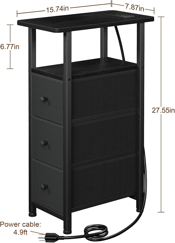 LOAKEKEL Narrow End Table with Charging Station, Small Nightstand | Skinny Side Tables Living Room with 3 Fabric Drawers, Slim Bedside Table for Bedroom, Small Spaces, Couch, Black