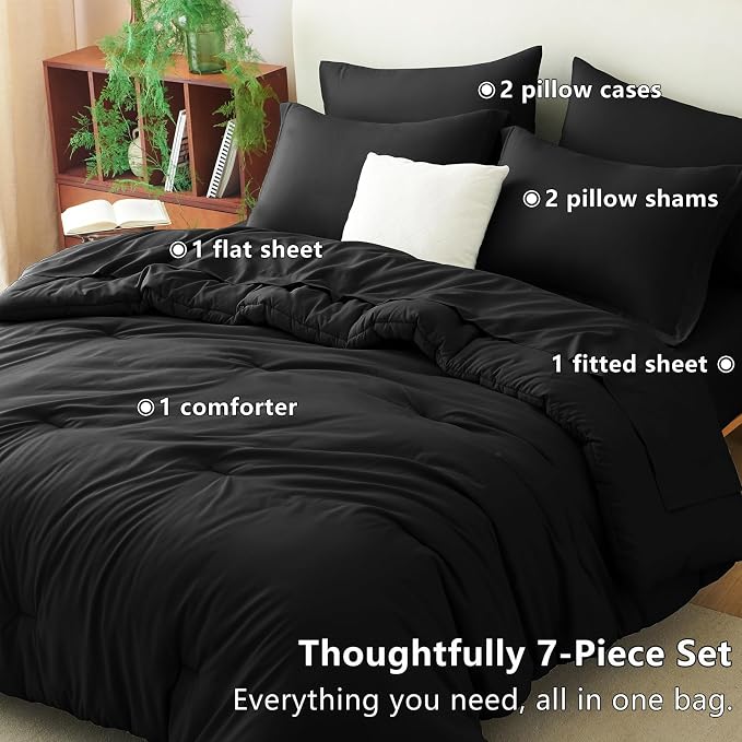 California King Comforter Set Black, 7 Pieces Bed in a Bag | OEKO-TEX Certified, All-Season, Bedroom, 240GSM Down Alternative Comforter, Flat & Fitted Sheets, 2 Pillowcases & 2 Shams