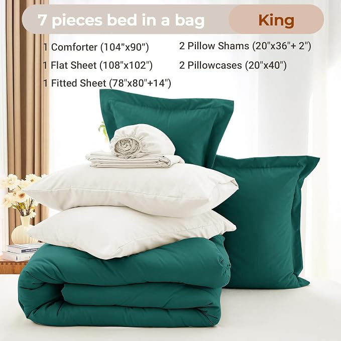 7 Pieces King Comforter Set, Soft Bed in a Bag King Size, All Season Bedding Set with Comforter, Flat Sheet, Fitted Sheet, Pillowcases & Shams, Peacock Blue & Ivory