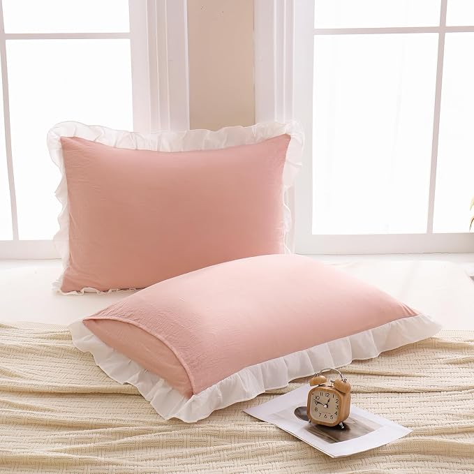 Merryword Pink Pillow Shams Pink and White Reversible King Pillowcases Cute Pillow Cover Set of 2 Soft Shabby Chic Ruffled Pillowcases 2 Pack (King (20''x36''), Pink White)