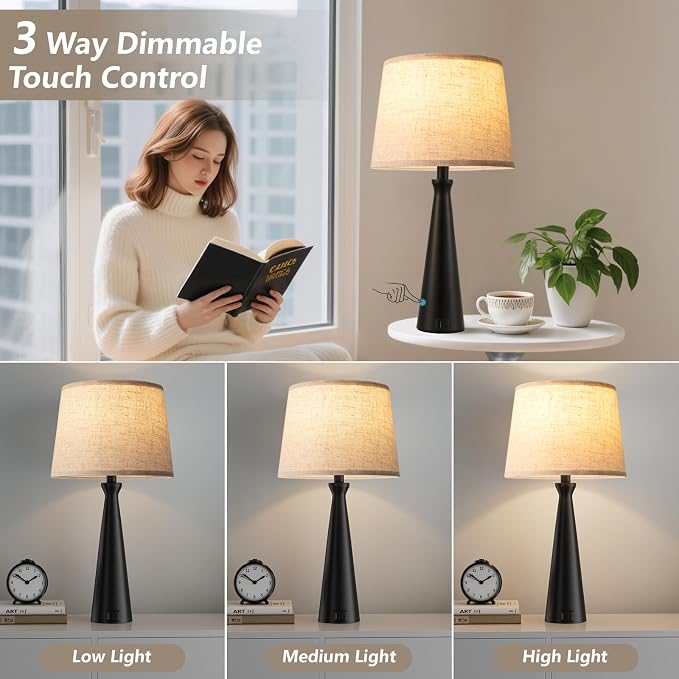 Modern Touch Lamps for Nightstand, 3 Way Dimmable Bedroom Lamp Set of 2 | USB C+A Charging Ports, Black Bedside Lamps for Bedroom, Living Room, End Table, Bed Side, LED Bulb Included