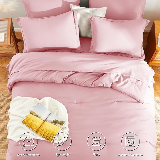 HIMEET Queen Comforter Set, 7-Piece Point-Quilted Bed in a Bag Pink | OEKO-TEX Certified, Lightweight 240 GSM Comforter, Flat Sheet, 14-Inch Deep-Pocket Fitted Sheet, Pillowcases & Shams