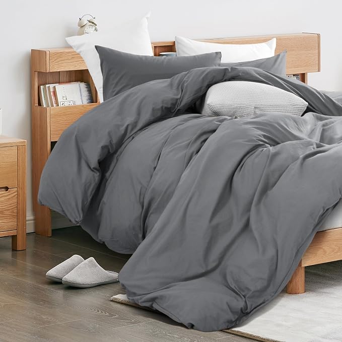NEXHOME PRO Duvet Cover Set 100% Washed Cotton Full Size Linen Feel Textured Organic Natural 3 Pieces Bedding Set with Zipper Closure and Corner Ties, Breathable and Soft (Grey, No Comforter)