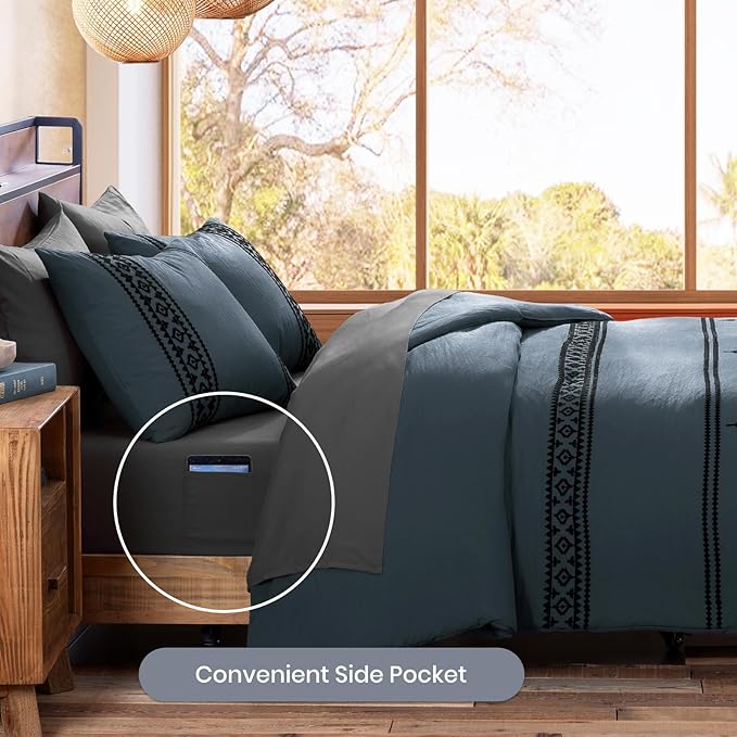 MaiRêve Embroidery King Size Comforter Set 7 Pieces Blue Grey Bed in a Bag | Western Boho Farmhouse Bedding Sets with Comforter, Sheets, Pillowcases & Shams