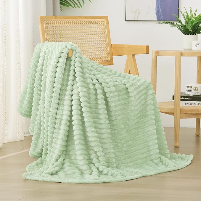 Cream Green Fleece Throw Blanket 50”×60” for Couch Sofa Livingroom | Super Soft Cozy Plush Microfiber Flannel Bed Blanket Striped Design Lightweight Home Decor Gifts for Adults Mom Women
