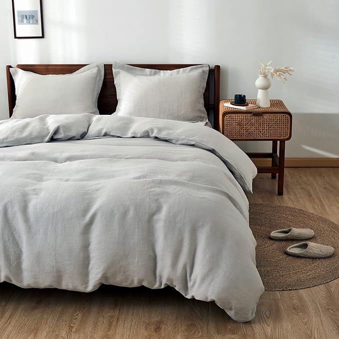 Simple&Opulence 100% Linen Duvet Cover Set 3pcs Basic Style Natural French Washed Flax Solid Color Soft Breathable Farmhouse Bedding with Button Closure - Light Grey, Full