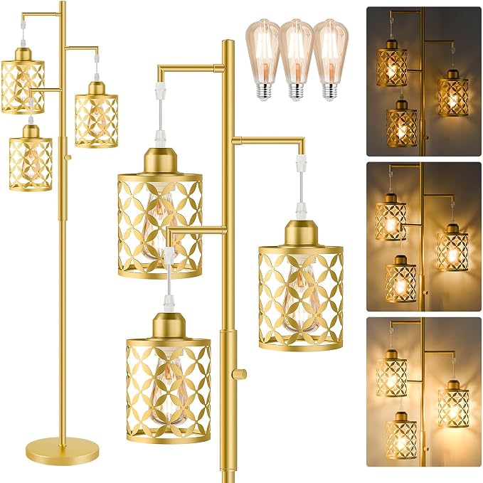 68" Modern Tree Floor Lamp, Dimmable Industrial Tall Standing Lamp with Metal Cages & Rotary Dimmer Knob, Corner Decor Lighting for Living Room Bedroom Cafe, 3 x 800LM Bulbs Included - Gold