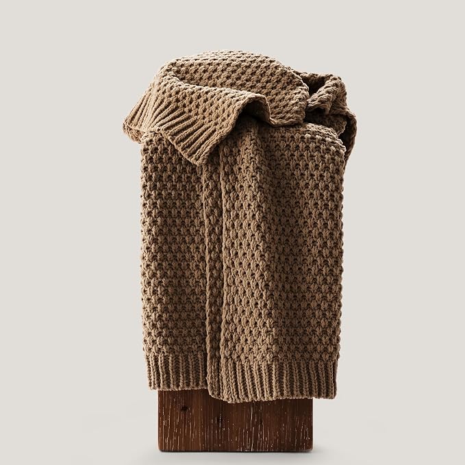 EVERGRACEHOME Chunky Chenille Knit Throw Blanket, 50 x 60, Camel Brown | Sculpted Moss Stitch, Chic Modern Farmhouse, All-Season Warmth, OEKO-TEX® Certified, Elegant Blanket for Couch, Bed, Sofa