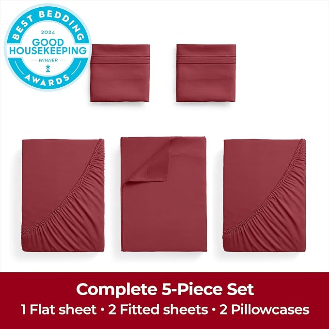 Mellanni Extra Deep Split King Sheets - 5 PC Iconic Collection Bedding | Hotel Luxury, Ultra Soft, Cooling Bed Sheets - Wrinkle, Fade, Stain Resistant (Split King, Brick Red)