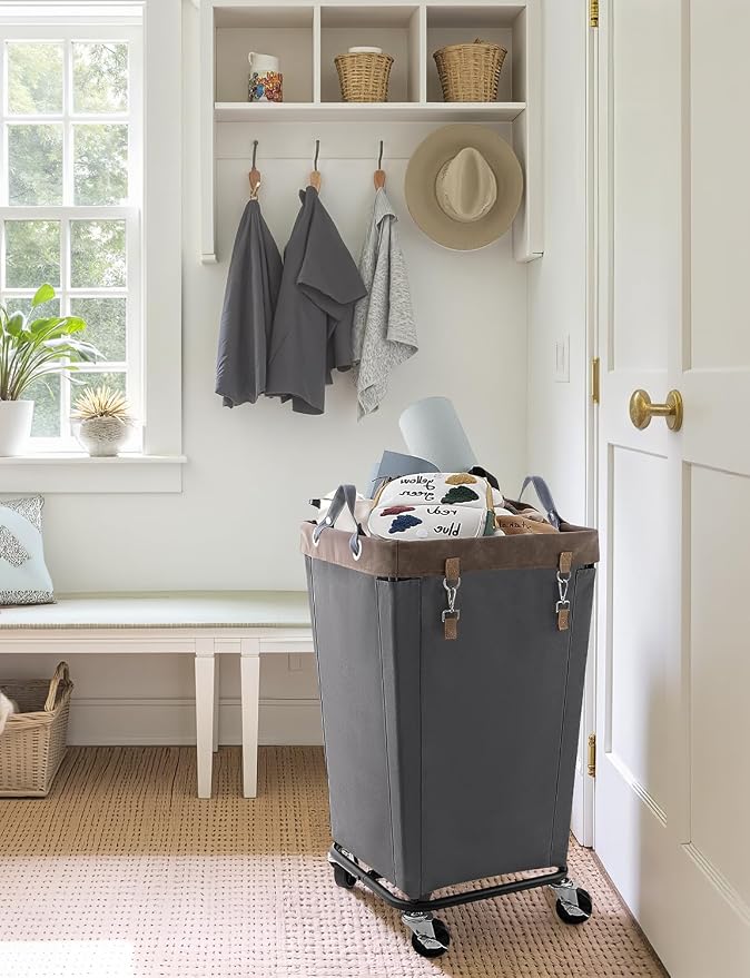 StorageWorks 160L Laundry Basket with Wheels, Rolling Hampers for Clothing | Grey Laundry Basket with Wheels, Metal Frame & Handles, Rolling Hamper for Bedroom, Bathroom, Dorm, Hotel