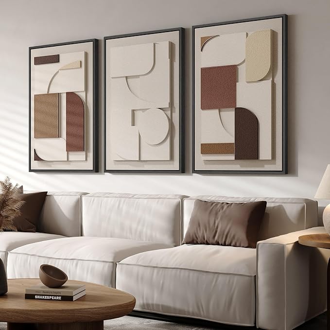 3D Textured Large Framed Neutral Abstract Wall Art for Living Room, 3 Piece | Wood Frames, Brown and Cream Sandstone Paintings, Modern Artwork for Walls, Geometric Sculptural Pictures Wall Decor Bedroom