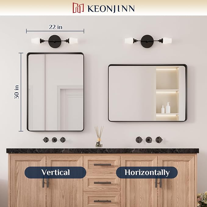 Keonjinn 22 x 30 Inch Black Vanity Mirror, Aluminum Frame Bathroom Mirror | Tempered Glass with Clear Reflection, Matte Black Sandblasted Finish, Anti-Rust, Seamless Aluminum Frame, Rounded Rectangle