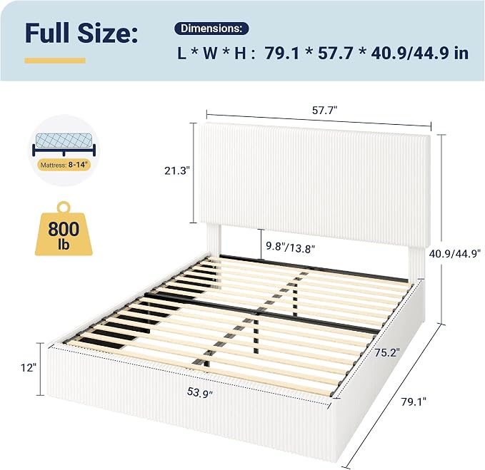Allewie Full Bed Frame, Adjustable Corduroy Headboard, Platform, White | Adjustable Headboard, Corduroy Fabric, Low Profile, Wooden Slats, 800 lb Capacity, No Box Spring Needed