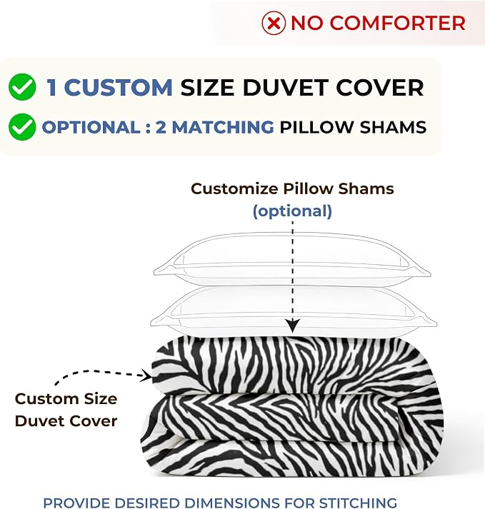 Custom Duvet Cover - Cotton Soft Premium Breathable Customizable Printed Animal Zebra Comforter Cover (Desired Dimensions) - Zipper Closure & 7 Internal Ties - Zebra