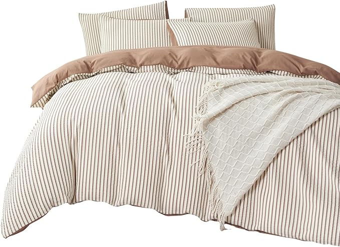 Comforter Set King Dark Brown Striped Soft Luxury Washed Microfiber Jacquard 3 Pieces Bedding, White Dark Brown Vertical Ticking Stripes Comforter with 2 Pillowcases Breathable Durable Comfy