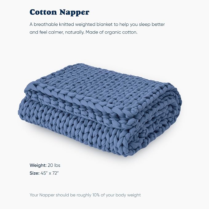 Cotton Hand-Knit Weighted Blankets for Adults - Chunky Knit Blanket | Sustainable, Breathable, Organic, Cooling Weighted Blanket - Machine Washable (Ocean Whisper, 20 lbs, 45"x72")