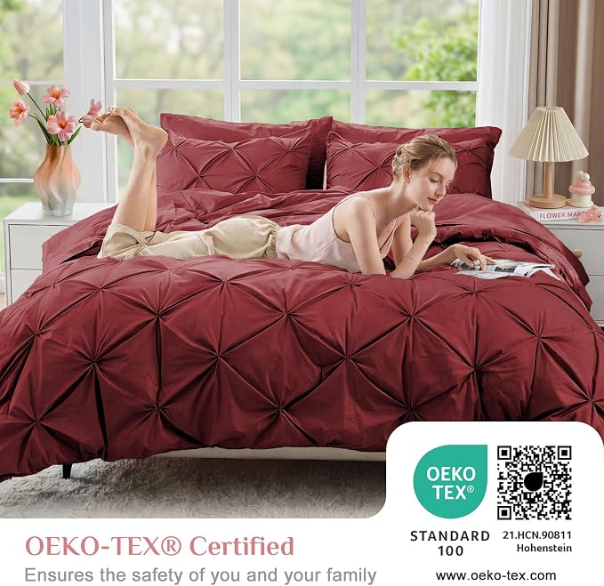 JOLLYVOGUE King Size Comforter Set 7 Pieces - Bed in a Bag King for All Season, Pintuck Bedding Comforter Sets with Comforter, Flat Sheet, Fitted Sheet and Pillowcases & Shams, Burgundy