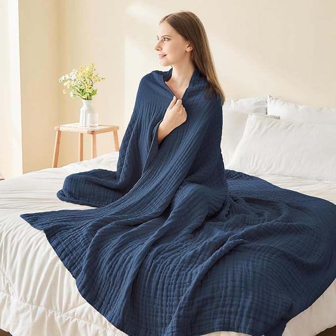 EMME Muslin Blankets for Adults Throw Blanket for Couch Breathable Gauze Soft Lightweight Airy Navy Queen 90" x 90"