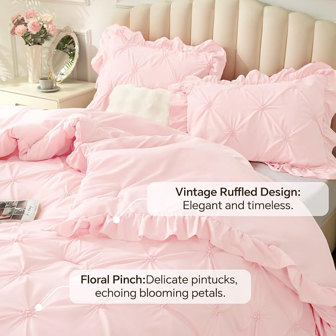 BEDELITE Queen Comforter Set Ruffle-Baby Pink,Lightweight & Soft Comforter | Pintuck Boho Bedding, Warm & Cute Bed Set for All Season,With 2 Pillowcases