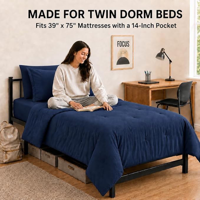 HIMEET Twin Comforter Sets, 5-Piece Point-Quilted Bed in a Bag, Navy Blue | OEKO-TEX Certified, Lightweight 240 GSM Comforter, Flat Sheet, 14-Inch Deep-Pocket Fitted Sheet, Pillowcase & Sham