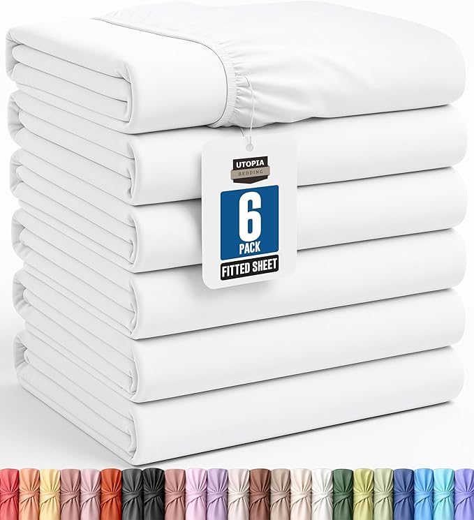 Utopia Bedding Queen Fitted Sheets - Bulk Pack of 6 Bottom Sheets - Soft Brushed Microfiber - Deep Pockets - Shrinkage & Fade Resistant - Easy Care (White) | Hotel Comfort, Cooling & Breathable Cotton like Polyester, Easy Fit, Wrinkle & Fade Resistant,...