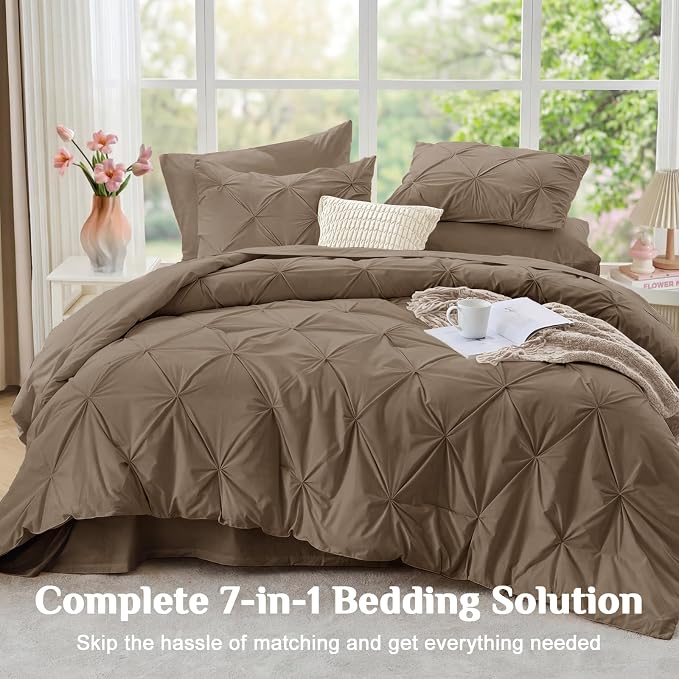 JOLLYVOGUE Queen Comforter Set 7 Pieces - Bed in a Bag Queen for All Season, Pintuck Bedding Comforter Sets with Comforter, Flat Sheet, Fitted Sheet and Pillowcases & Shams, Brown