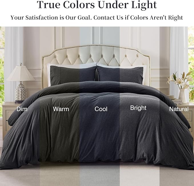 PURE ERA Jersey Knit Sheet Set Heather Charcoal Grey King | 100% Cotton, 3 Piece Set, T Shirt Soft, Breathable, Envelope Closure Pillowcases, Hidden Zipper, 8 Ties, No Insert, Modern