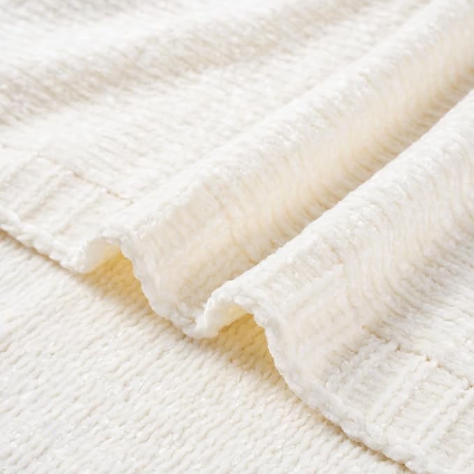 Chenille Throw Blanket for Couch, Knit Throw Blanket 51"x67", Ivory White | Shiny White Chenille Blanket, Neutral Throw Blanket, Soft Midweight Knitted Blanket for Sofa Bed Home Decor