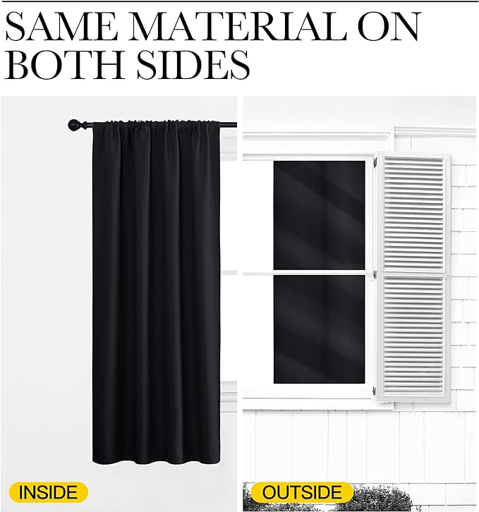 NICETOWN Black Blackout Curtains for Bedroom 62" Wide x 72" Long 2 Panels | Solid Thermal Insulated Window Treatment Blinds Drapes for Living Room, Light Blocking Room Darkening Noise Reducing Decor