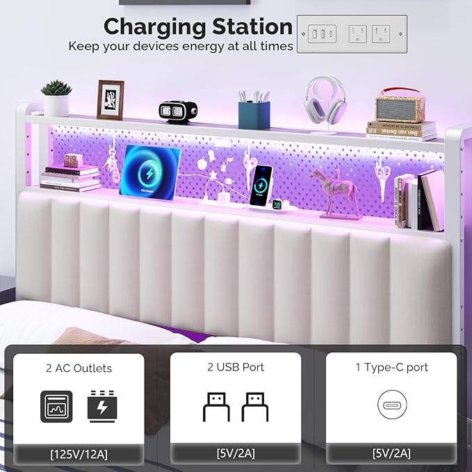 VINGLI Queen Size Headboard for Bed,Upholstered Headboards with Storage, Charging Stations and LED Lights, 2 Tier Shelves and Pegboard, Modern Bed Head Board, Adjustable Height, White