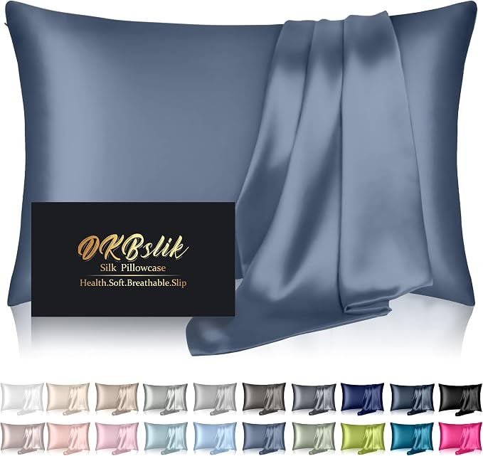Silk Pillowcase for Hair and Skin,Mulberry Silk Pillow Cases King Size, Anti Acne Cooling Beauty Sleep Both Sides Natural Silk Satin Pillow Case Covers with Hidden Zipper,Gifts for Women Men,Ash Blue