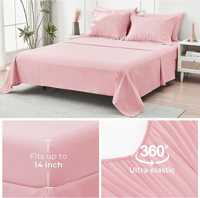 HYMOKEGE Pink Oversized Queen Comforter Set Seersucker 7 Pieces, All Season Luxury Bed in a Bag for Bedroom, Bedding Set with Comforter, Sheets, Pillowcases & Shams