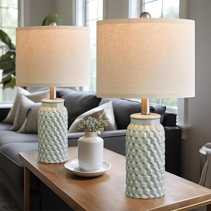 USumkky 20.5 inches Modern Ceramic Green Bedside Lamp Set of 2 for Bedroom Decor Farmhouse Table Lamp for Living Room Office Dorm