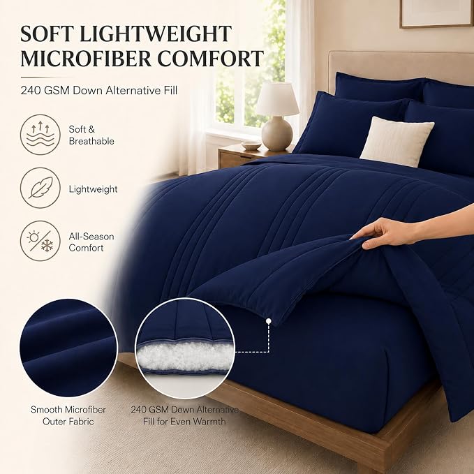 Full Comforter Set Navy - Bed in a Bag Full Size 7 Pieces, Soft Bedding Set for All Seasons, Premium Comforter Set with Comforter, Sheets, Pillowcases & Shams