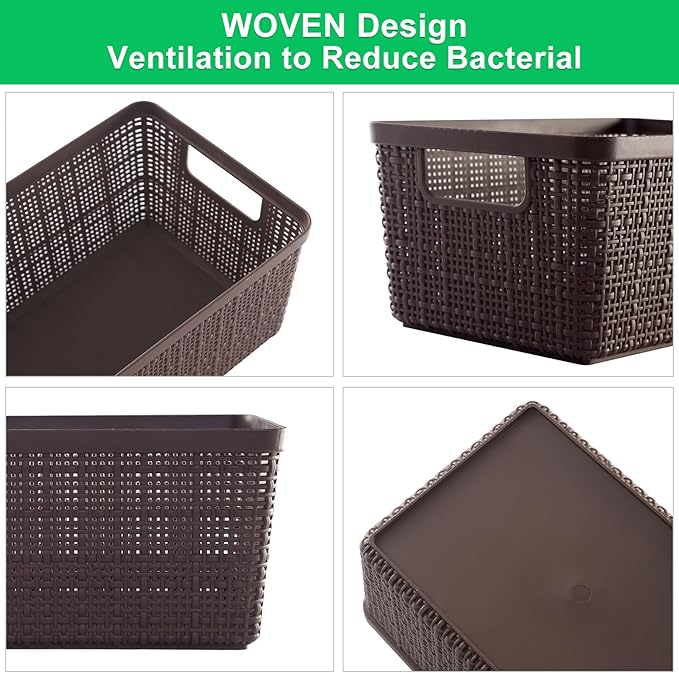 6 Pack Plastic Storage Baskets with Lid,Brown Stackable Bins | Durable Woven Plastic With handle Breathable,Save space ,For Organizing Desktops, Closets, Playrooms, Classrooms, Offices